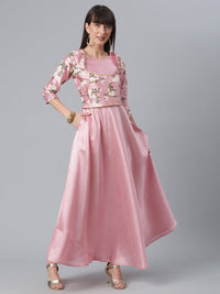 Thumbnail for Ahalyaa Art Silk Pink Solid Kurta With Attached Floral Print Jacket