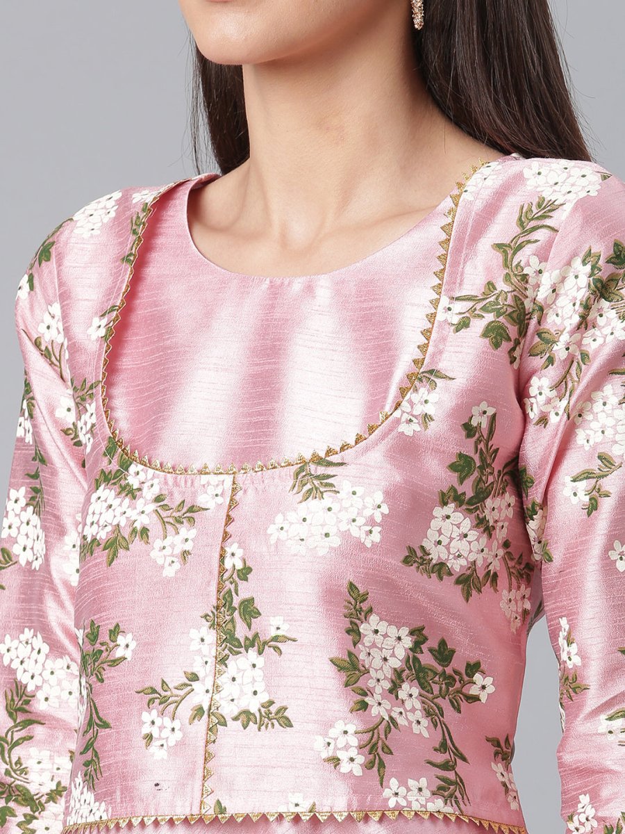 Ahalyaa Art Silk Pink Solid Kurta With Attached Floral Print Jacket