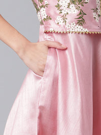 Thumbnail for Ahalyaa Art Silk Pink Solid Kurta With Attached Floral Print Jacket
