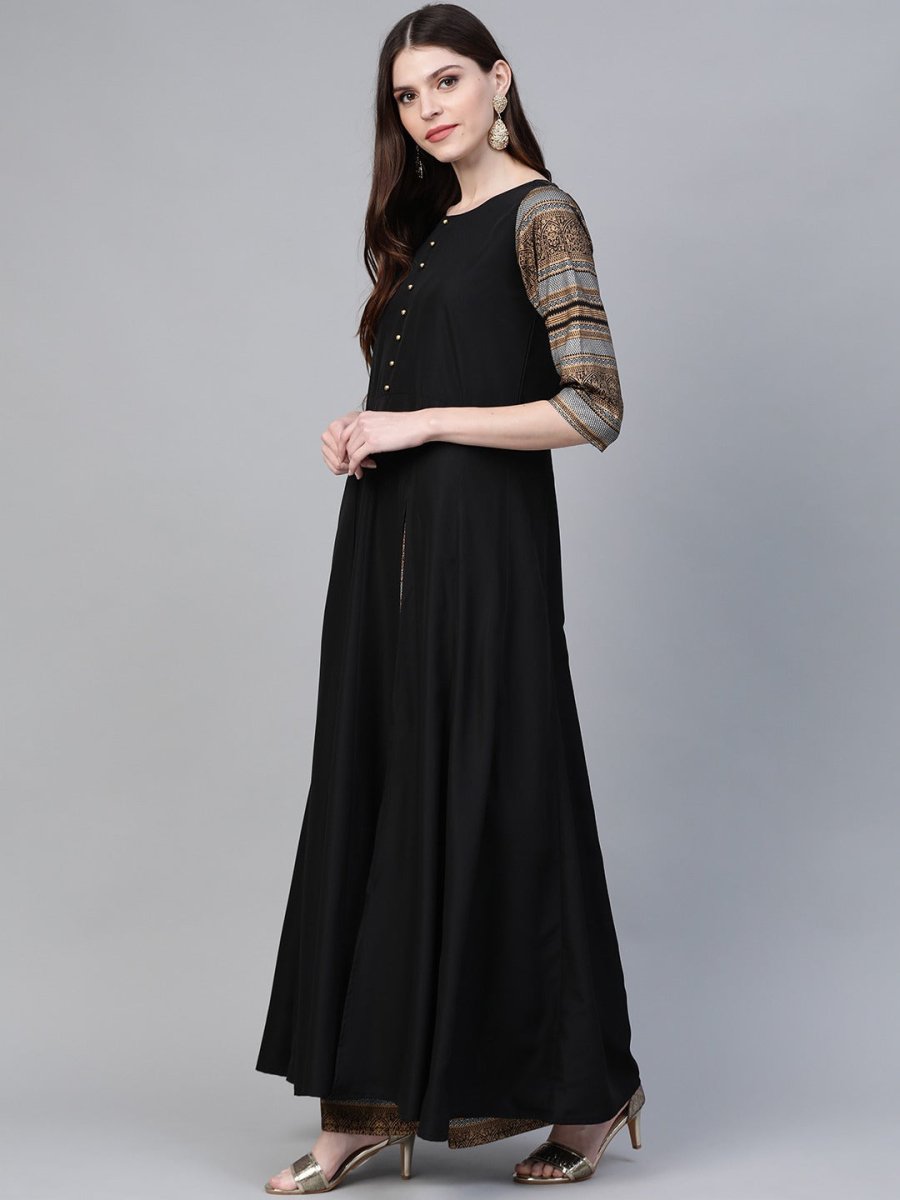 Ahalyaa Black Solid Front Slit Kurta With Palazzo