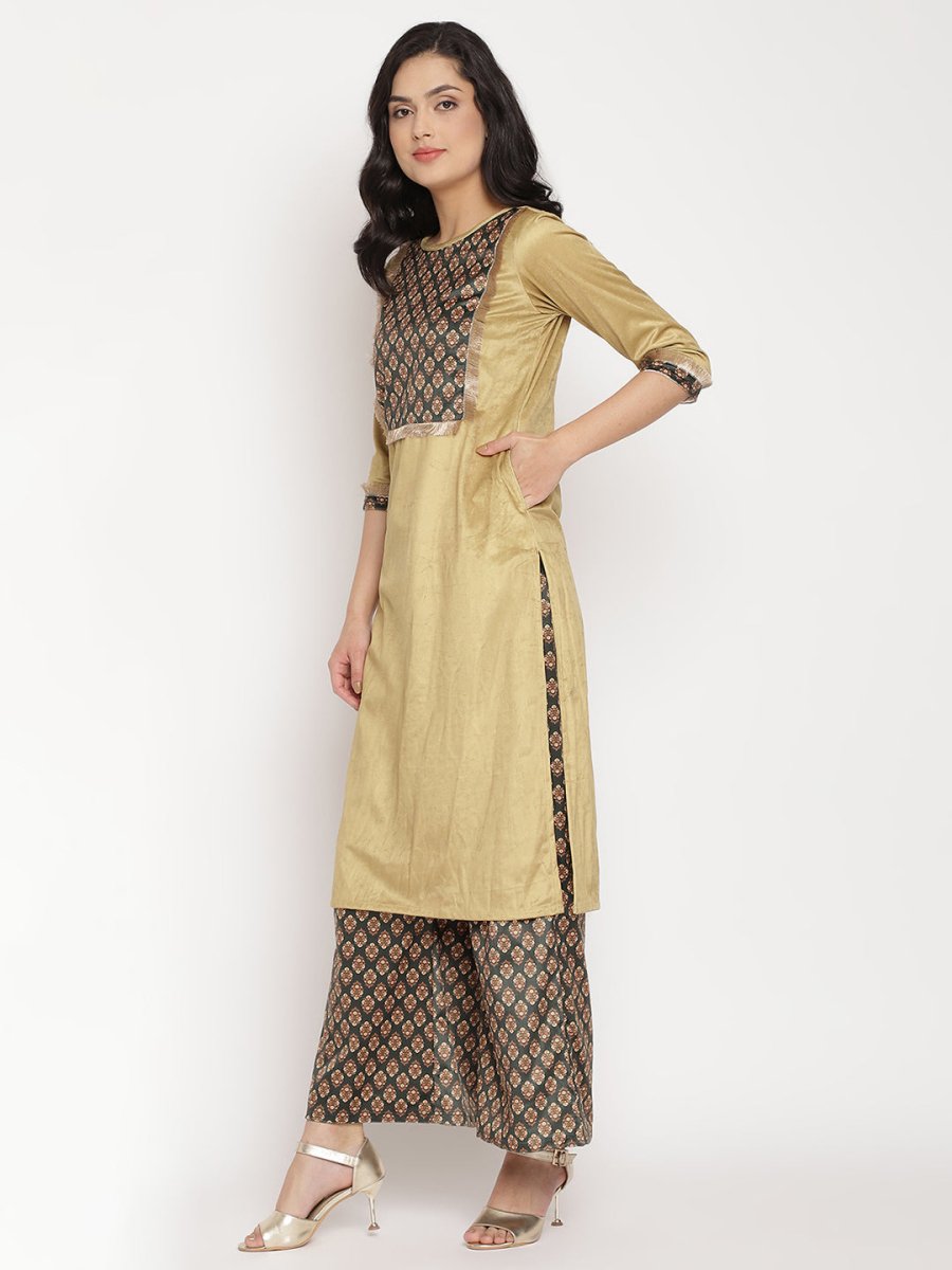 Ahalyaa Women's Mustard Color Digital Print Velvet Kurta With Palazzo