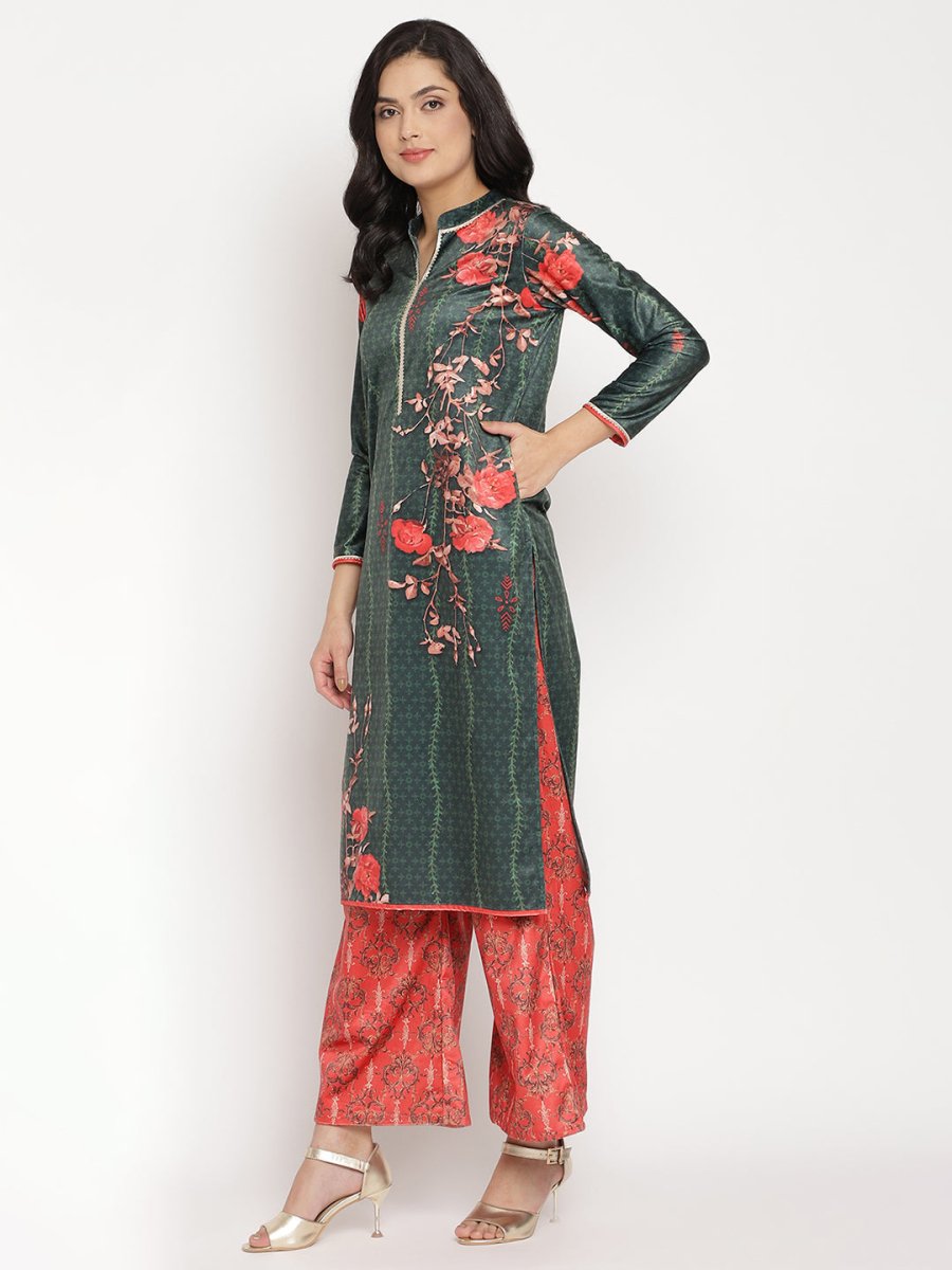 Ahalyaa Women's Dark Green Color Digital Print Velvet Kurta With Palazzo