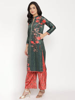 Thumbnail for Ahalyaa Women's Dark Green Color Digital Print Velvet Kurta With Palazzo