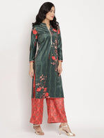 Thumbnail for Ahalyaa Women's Dark Green Color Digital Print Velvet Kurta With Palazzo
