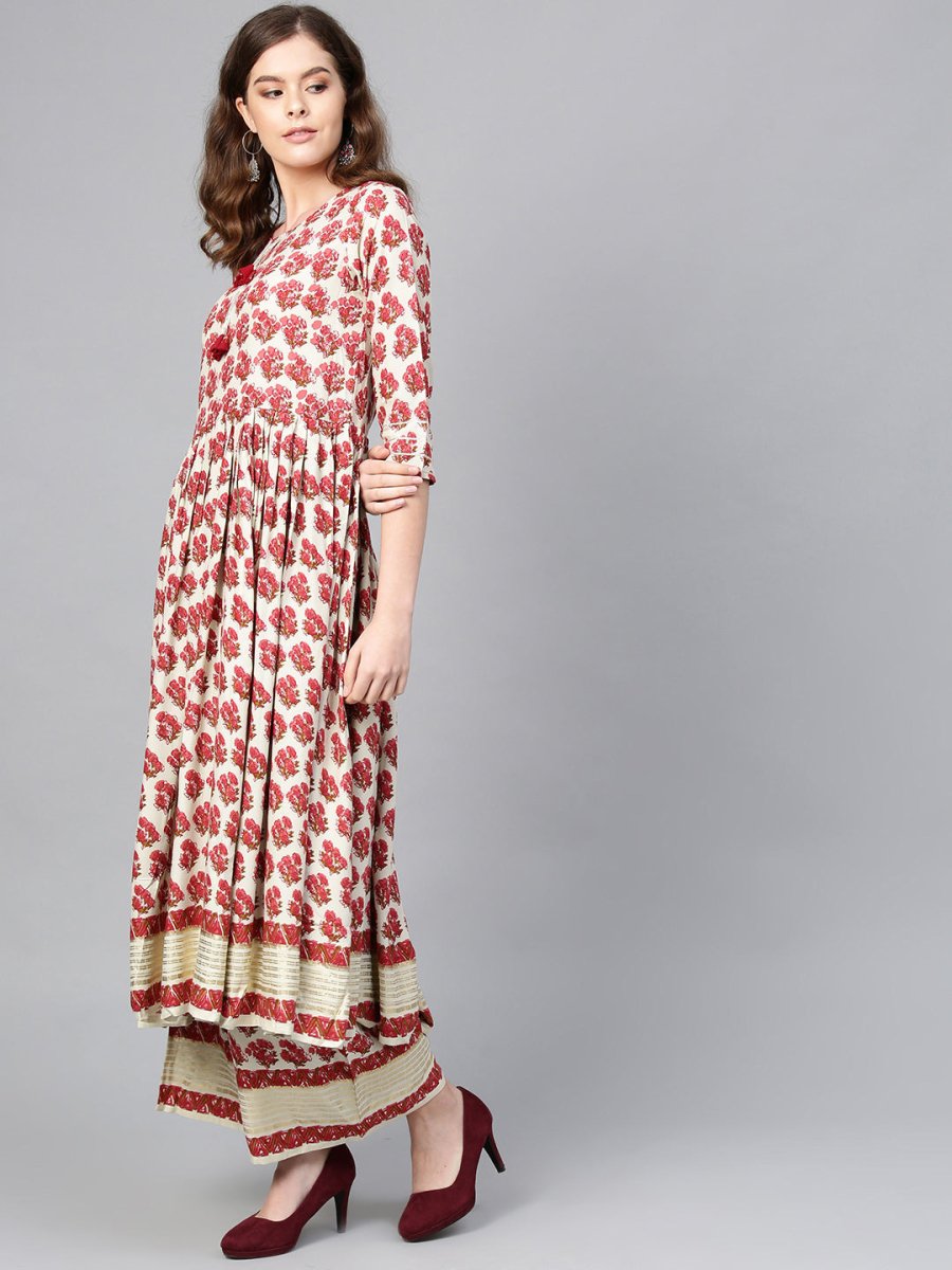 Ahalyaa Multi-color Round Neck Asymmetrical Floral Kurta with Palazzo