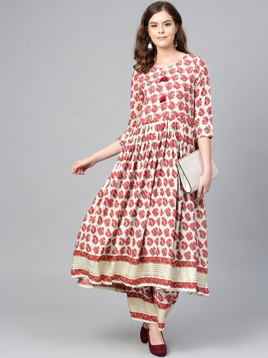 Ahalyaa Multi-color Round Neck Asymmetrical Floral Kurta with Palazzo