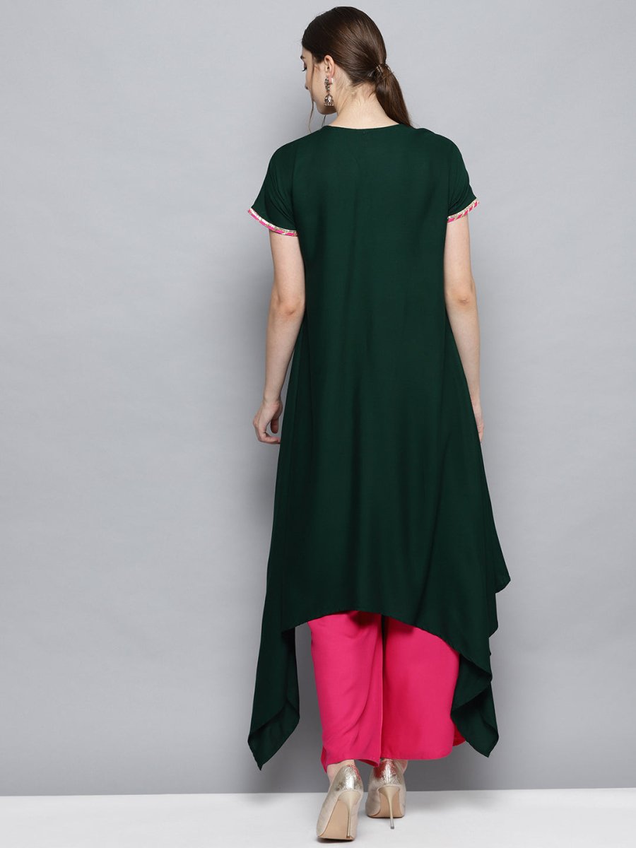 Ahalyaa Dark Green Solid Kimono Rayon Kurta Set For Women