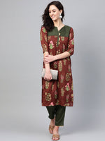 Thumbnail for Ahalyaa Women Brown & Olive Green Printed Kurta with Palazzo