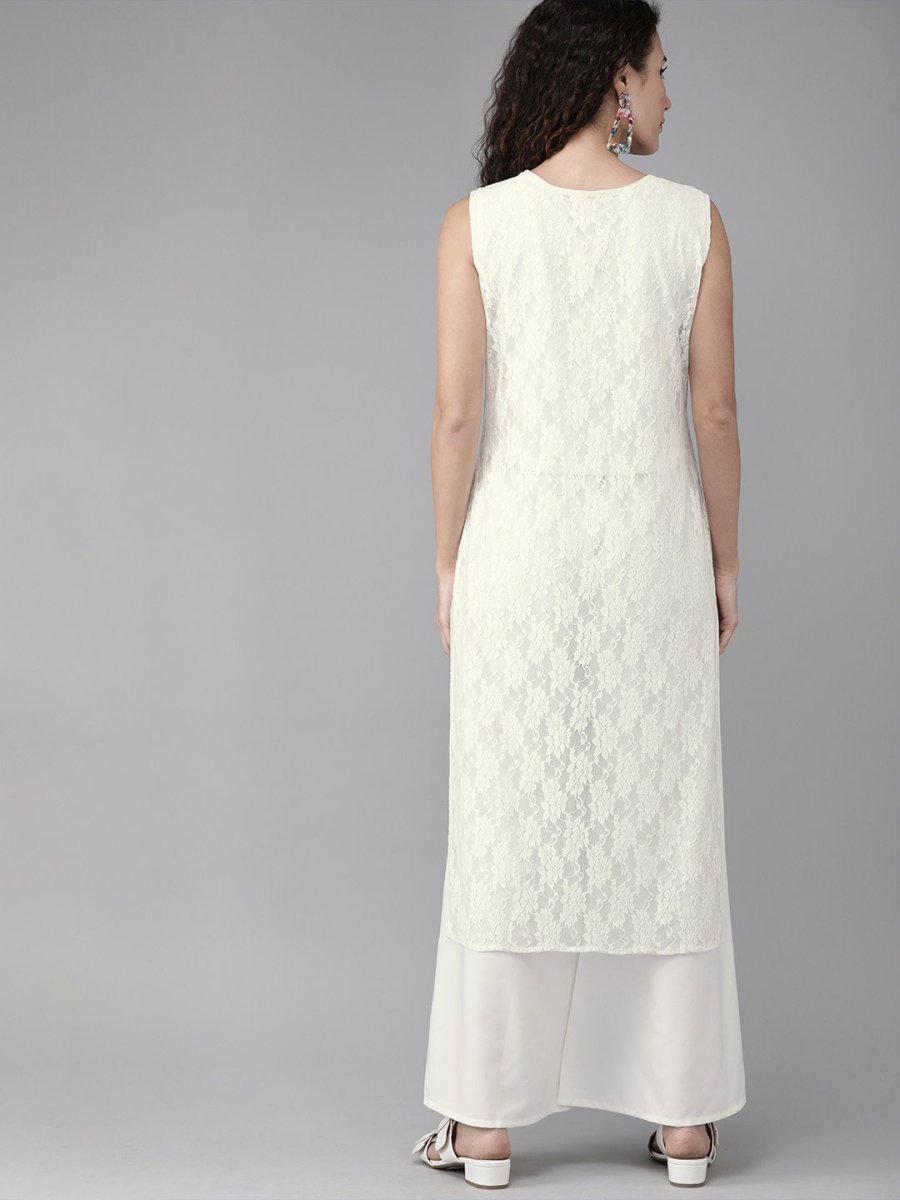 Ahalyaa White Embellished Kurta With Palazzo Set