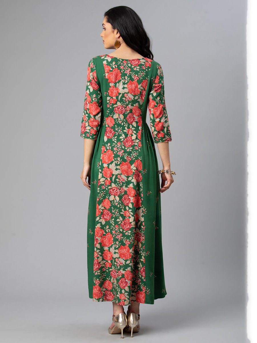 Ahalyaa Viscose Rayon Green Floral Printed Kurta