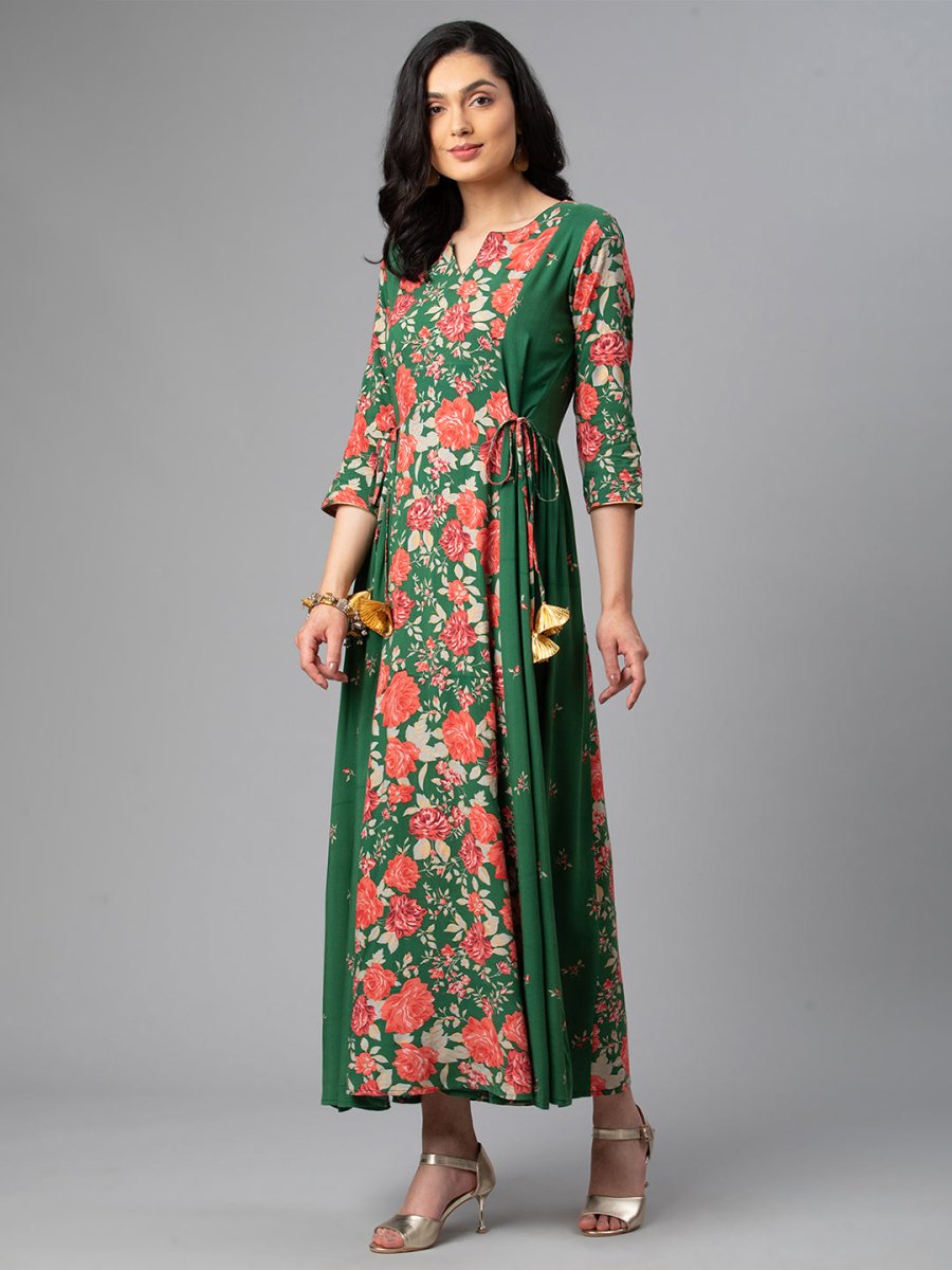 Ahalyaa Viscose Rayon Green Floral Printed Kurta