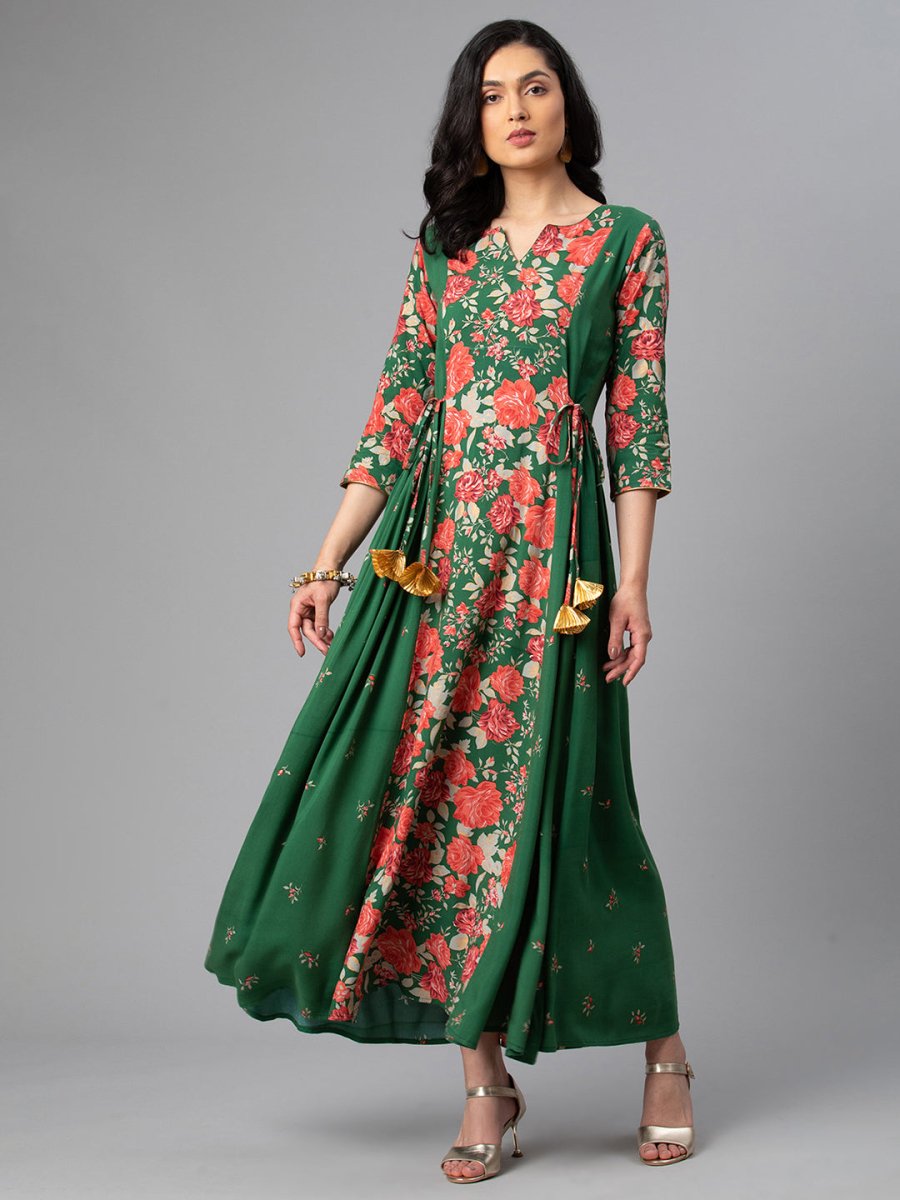 Ahalyaa Viscose Rayon Green Floral Printed Kurta