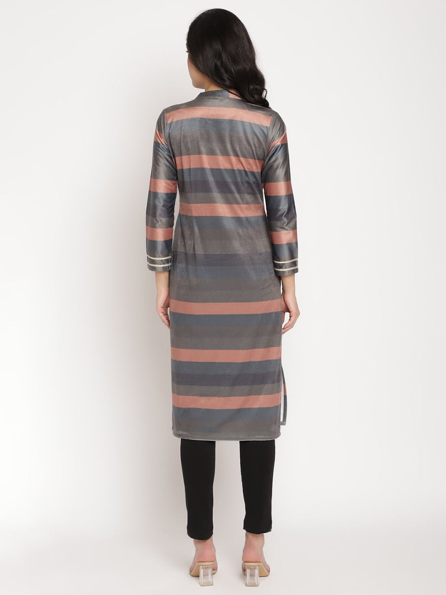 Ahalyaa Women's Multi Color Stripe Digital Print Velvet Kurta