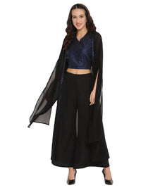 Thumbnail for Ahalyaa Women Black & Blue Printed Crop Top With Palazzos & Jacket