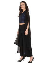 Thumbnail for Ahalyaa Women Black & Blue Printed Crop Top With Palazzos & Jacket