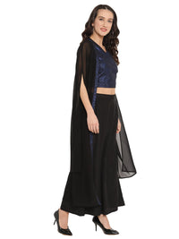Thumbnail for Ahalyaa Women Black & Blue Printed Crop Top With Palazzos & Jacket