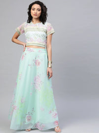 Thumbnail for Ahalyaa Women Mint Green Oraganza Printed Lehenga Choli