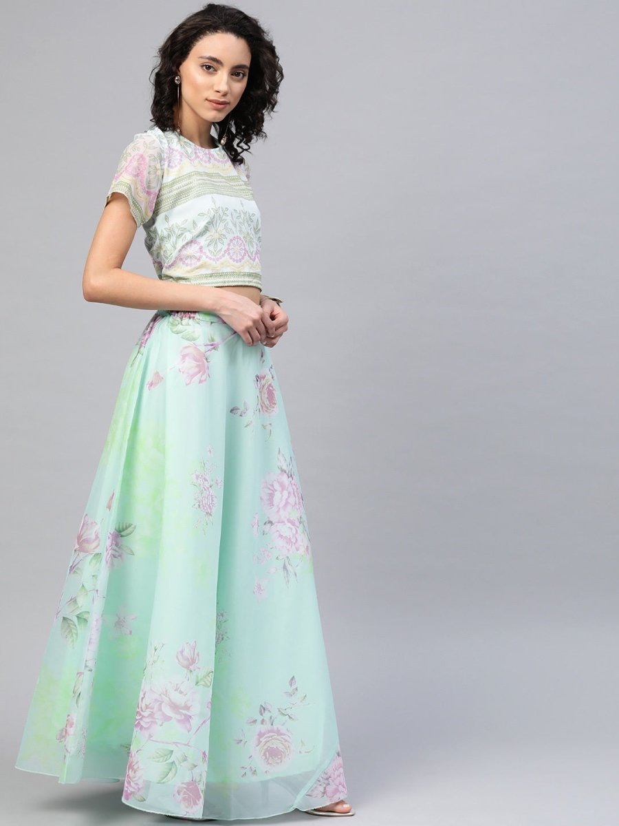 Ahalyaa Women Mint Green Oraganza Printed Lehenga Choli