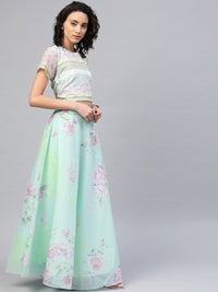 Thumbnail for Ahalyaa Women Mint Green Oraganza Printed Lehenga Choli