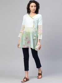 Thumbnail for Ahalyaa Ahalya Women Sea Green & Pink Floral Print Semi-Sheer Angrakha Tunic
