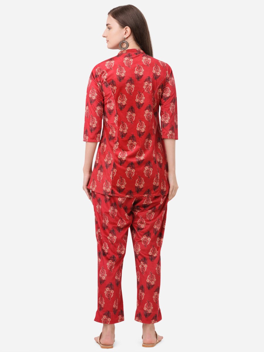 Ahalyaa Women Red Printed Velvet Kurti with Pyjamas - Distacart