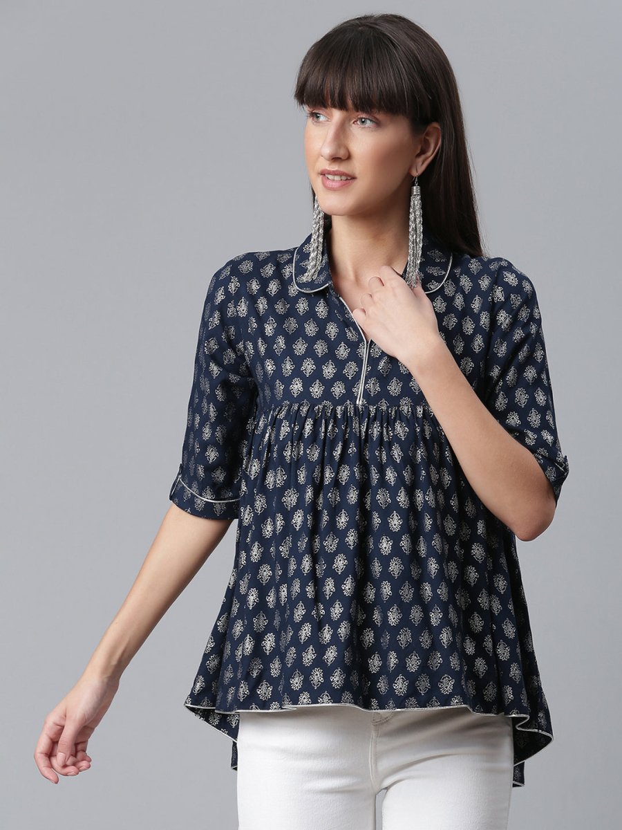 Ahalyaa Viscose Rayon Navy Blue Foil Silver Printed Western Tunic - Distacart