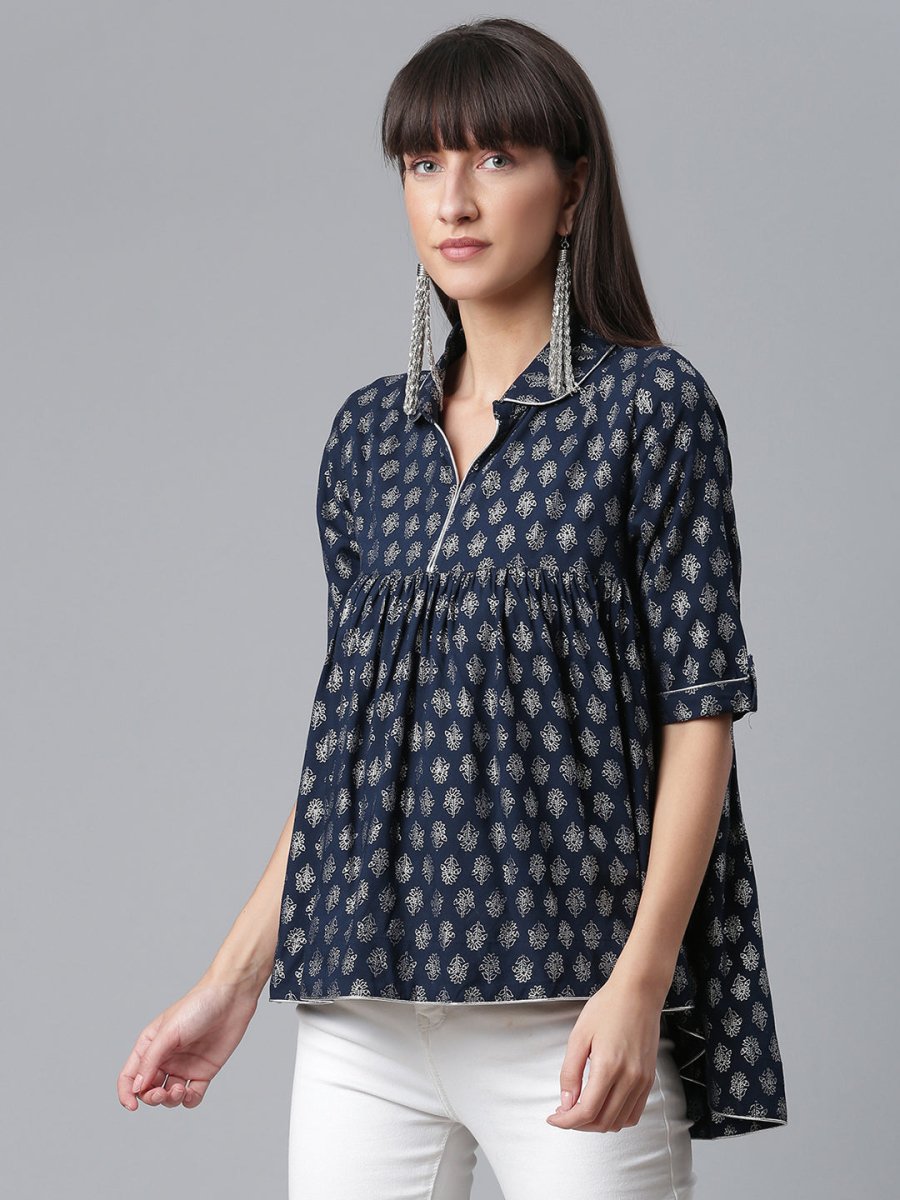 Ahalyaa Viscose Rayon Navy Blue Foil Silver Printed Western Tunic - Distacart