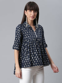 Thumbnail for Ahalyaa Viscose Rayon Navy Blue Foil Silver Printed Western Tunic - Distacart