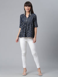 Thumbnail for Ahalyaa Viscose Rayon Navy Blue Foil Silver Printed Western Tunic - Distacart