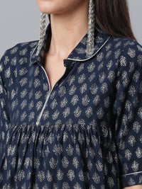 Thumbnail for Ahalyaa Viscose Rayon Navy Blue Foil Silver Printed Western Tunic - Distacart