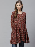 Thumbnail for Ahalyaa Maroon & Beige Ethnic Printed Asymmetric Tunic