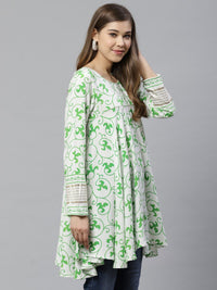 Thumbnail for Ahalyaa White & Green Ethnic Printed Asymmetric Tunic