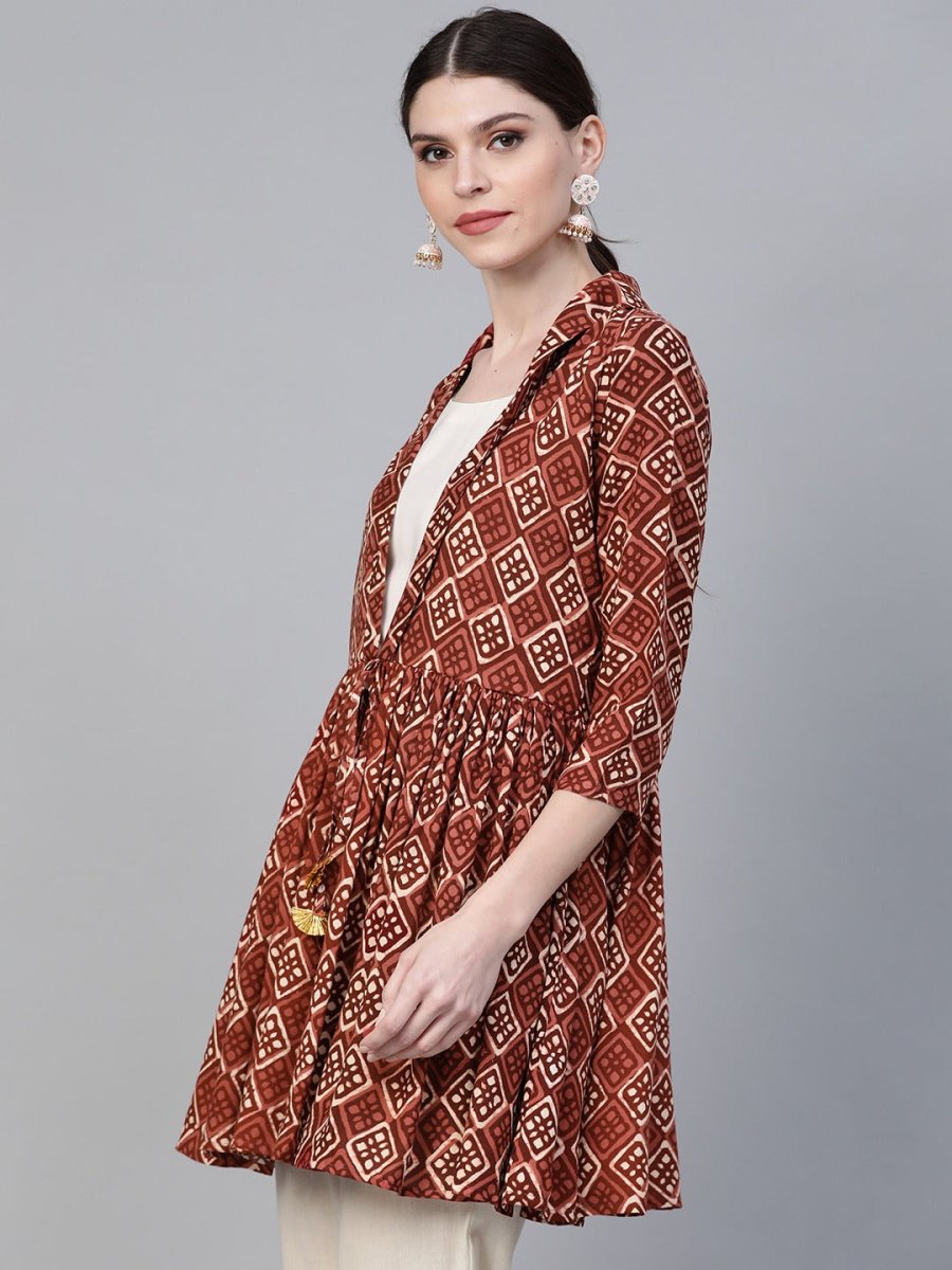 Ahalyaa Women's Brown & Cream-Coloured Printed A-Line Tunic