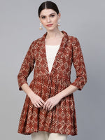 Thumbnail for Ahalyaa Women's Brown & Cream-Coloured Printed A-Line Tunic