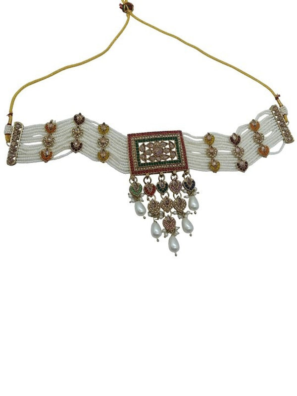 Jewel City Traditional Ethnic Antique Gold-Plated Pearl Bridal Choker Set with Earrings, Maang Tikka