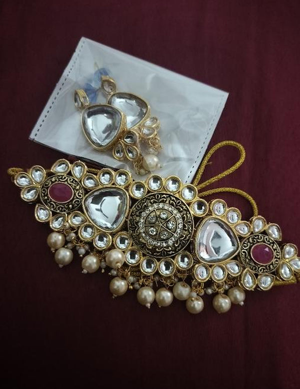 Jewel City Antique Kundan Choker Set with Pearl Drops - Gold-Plated Traditional Bridal Jewelry