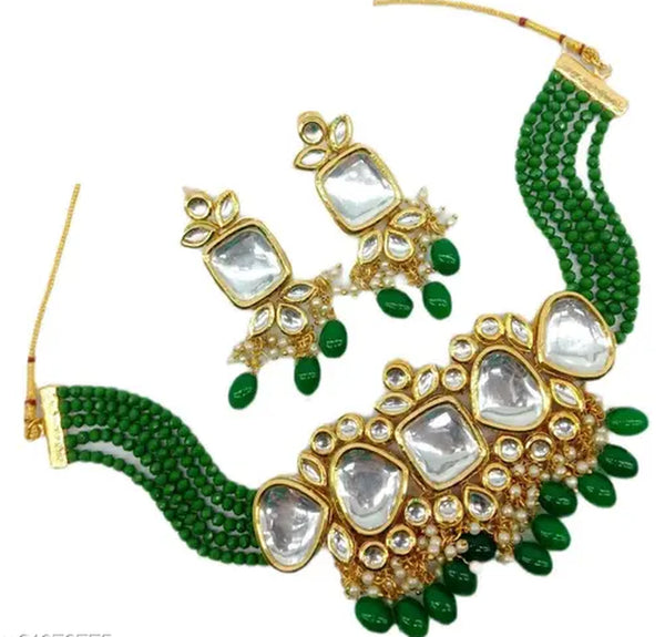 Jewel City Exquisite Kundan Choker Necklace Set with Green Beads - Traditional Indian Wedding Jewelry