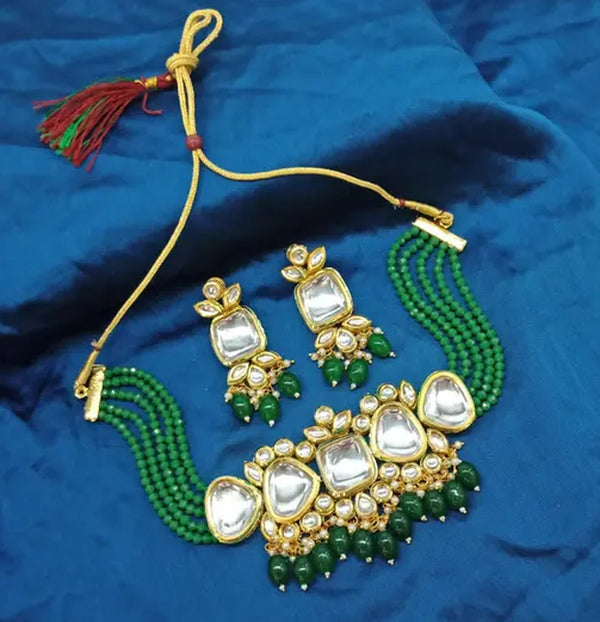 Jewel City Exquisite Kundan Choker Necklace Set with Green Beads - Traditional Indian Wedding Jewelry
