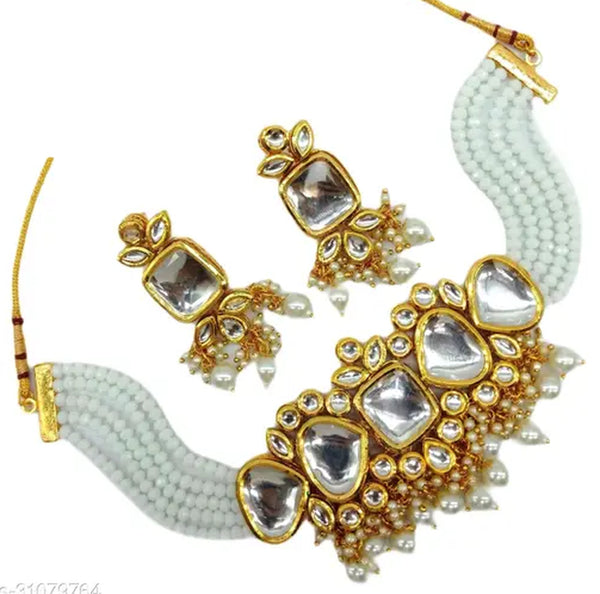Jewel City Exquisite Kundan Choker Necklace Set with White Beads - Traditional Indian Wedding Jewelry