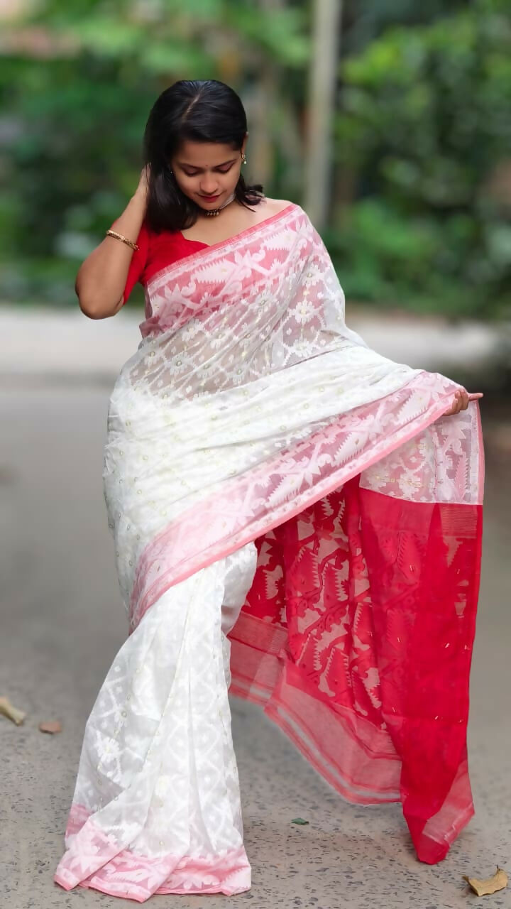 Exclusive Collection White Red White Red Jamdani Saree