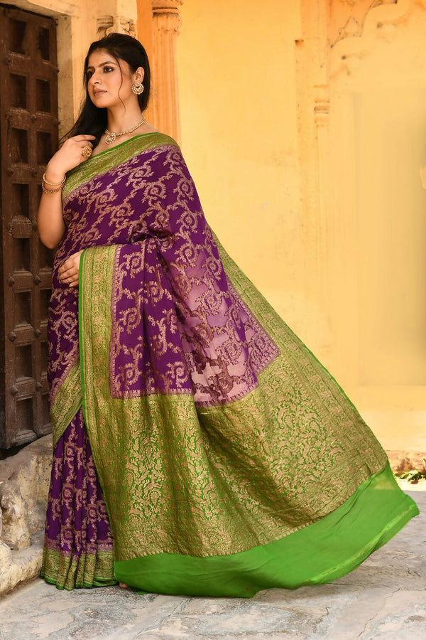 Joban Fashion Purple Crepe Chiffon Pure Handloom Banarasi Silk Saree