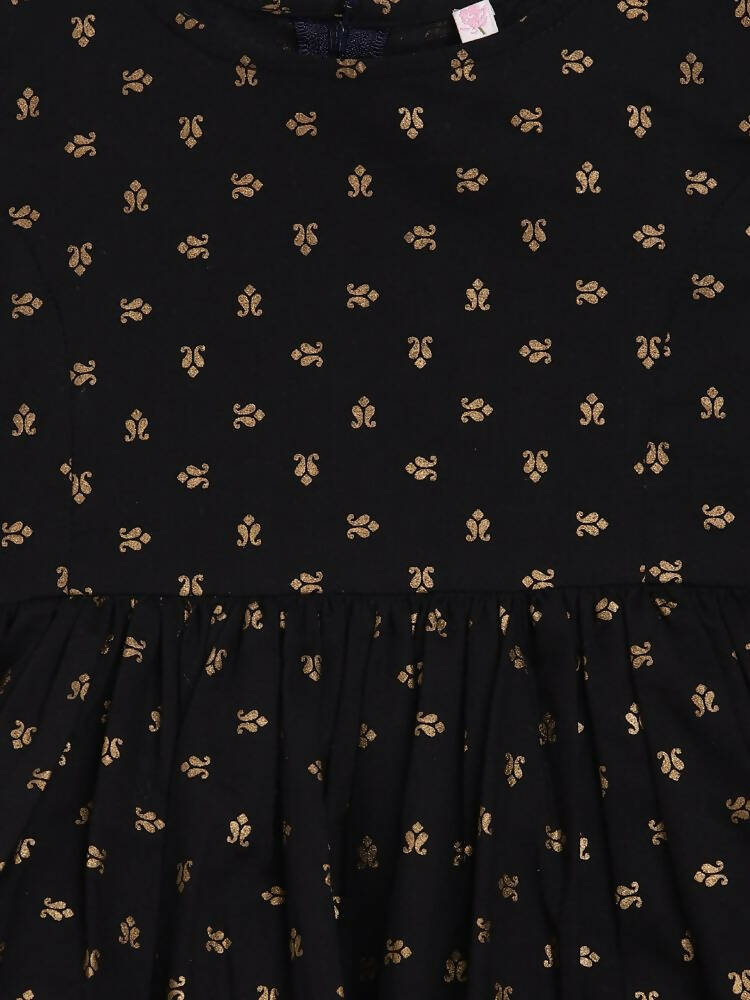 Ahalyaa Black Cotton Gold Print Kids Kurta Sharara Sets For Girls - Distacart