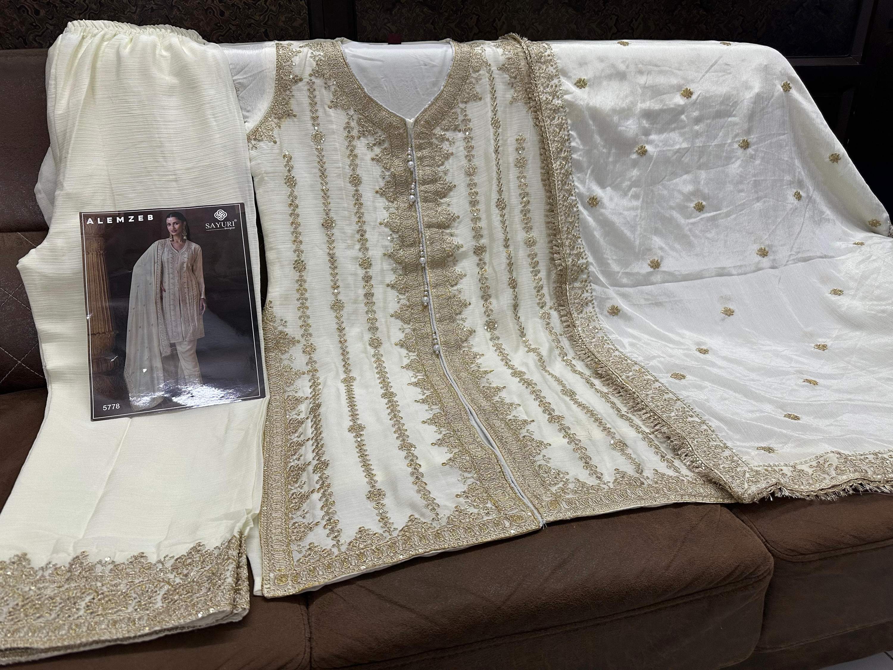 Aarshi Fashions Ivory Chinon Silk Suit