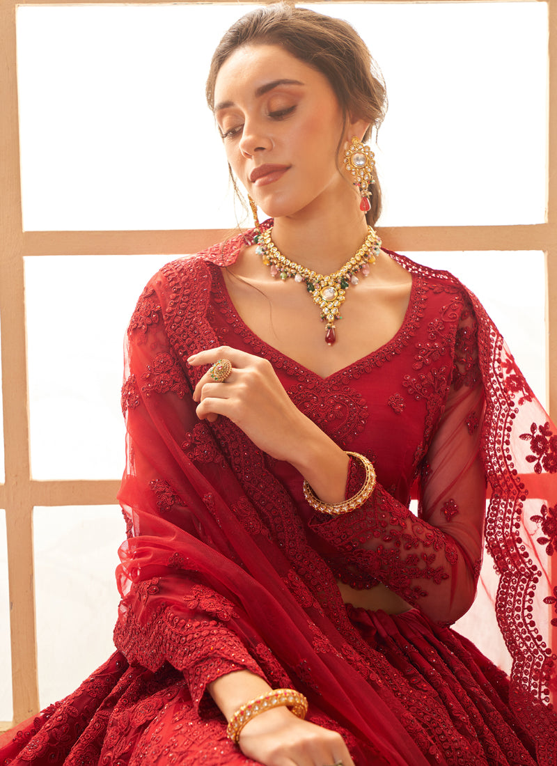 Vegaa Fashion Red Net Thread Work Wedding Lehenga