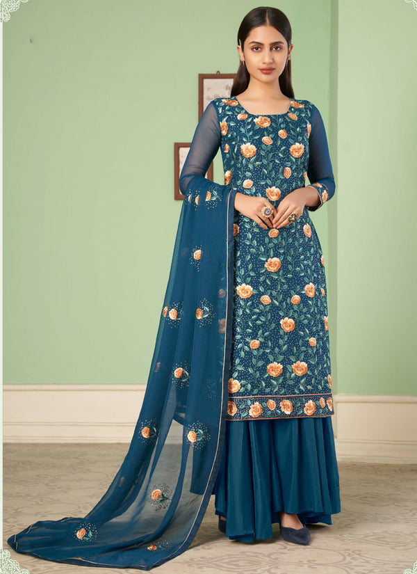 Vegaa Fashion Aqua Blue Georgette Embroidery Designer Sharara Suit