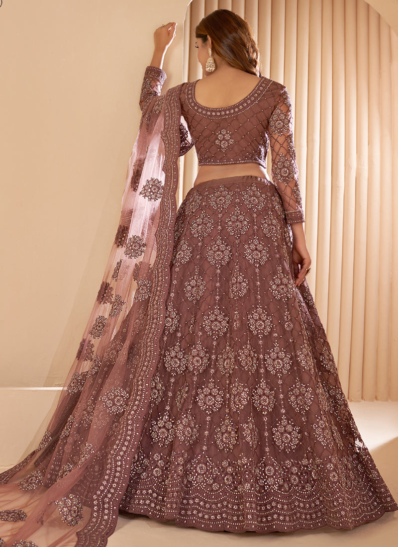 Vegaa Fashion Brown Net Embroidery Designer Lehenga Choli