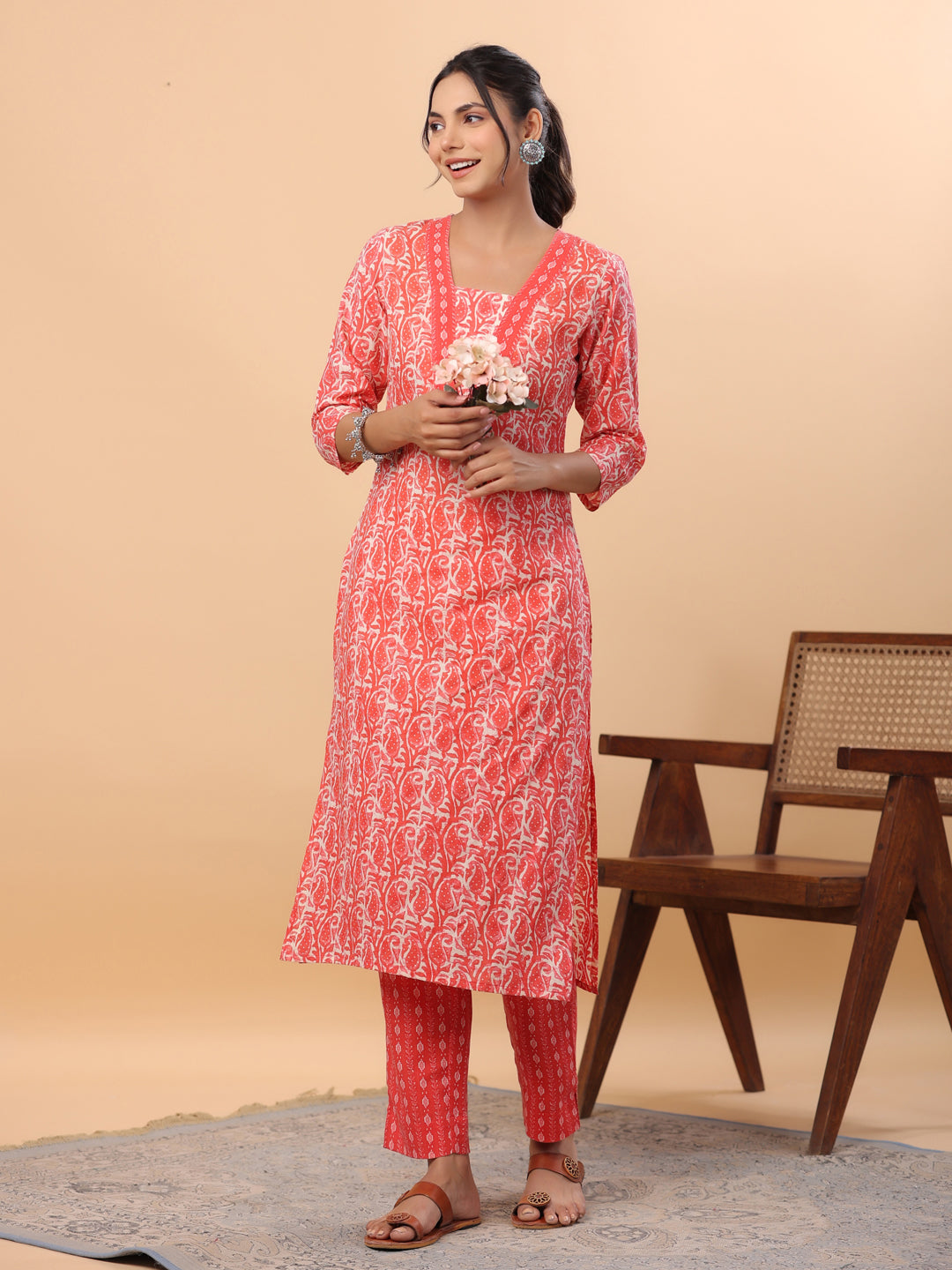 Janasya Regular Poly Cotton Red Printed Square Neck Set