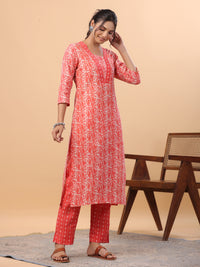 Thumbnail for Janasya Regular Poly Cotton Red Printed Square Neck Set