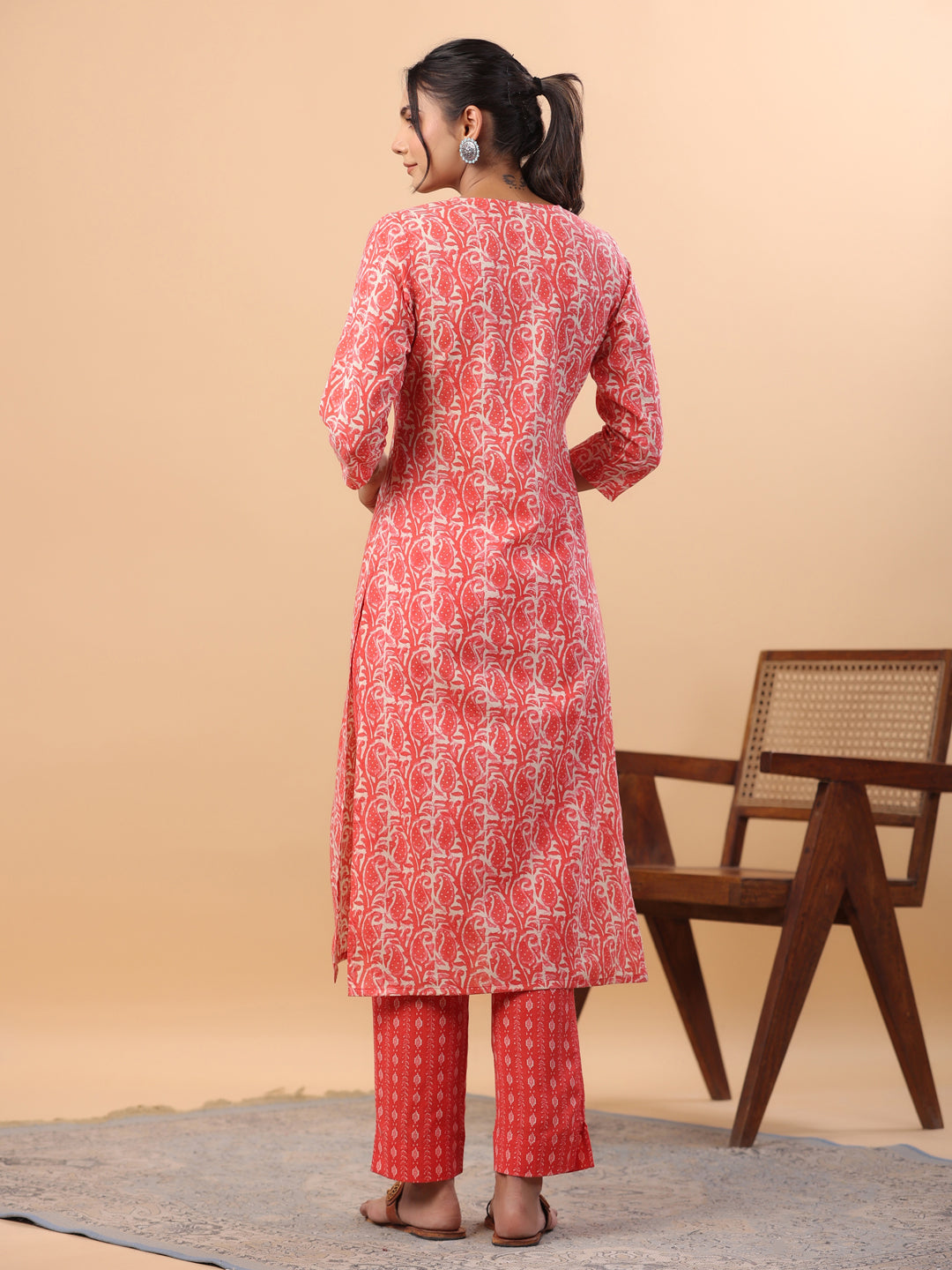 Janasya Regular Poly Cotton Red Printed Square Neck Set