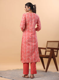 Thumbnail for Janasya Regular Poly Cotton Red Printed Square Neck Set